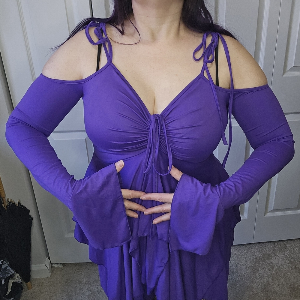 Purple Cold Shoulder Fairy Dress with Bell Sleeves XL - Picture 4 of 5